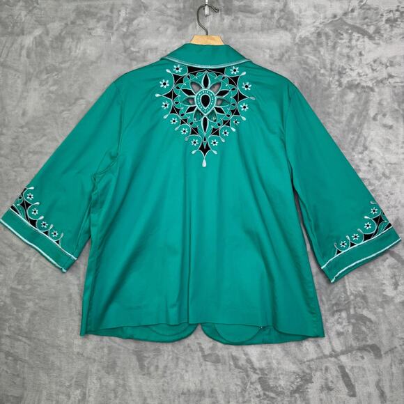 Bob Mackie Wearable Art Jacket Womens 1X Green Embroidered Floral Zip Up Retro - Picture 2 of 12